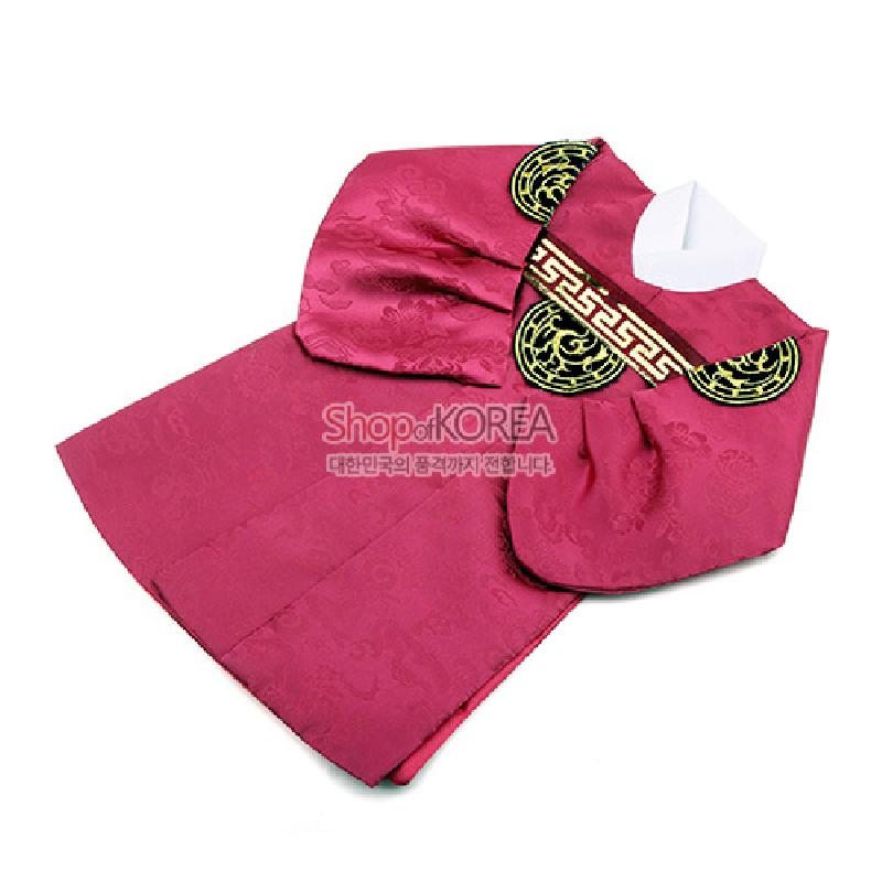 자주색 비단에 용·구름 문양을 짜넣은 왕실풍 와인 커버, 금색 원형 문양 장식과 흰 동정이 더해진 한복 형식 디자인.