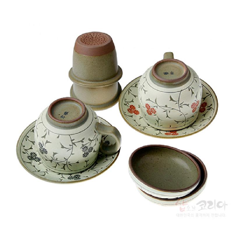 백자 질감의 도자기로 제작된 찻잔과 받침, 국화와 덩굴 문양의 적갈색·먹색 채색이 조화를 이룬 다기 세트.