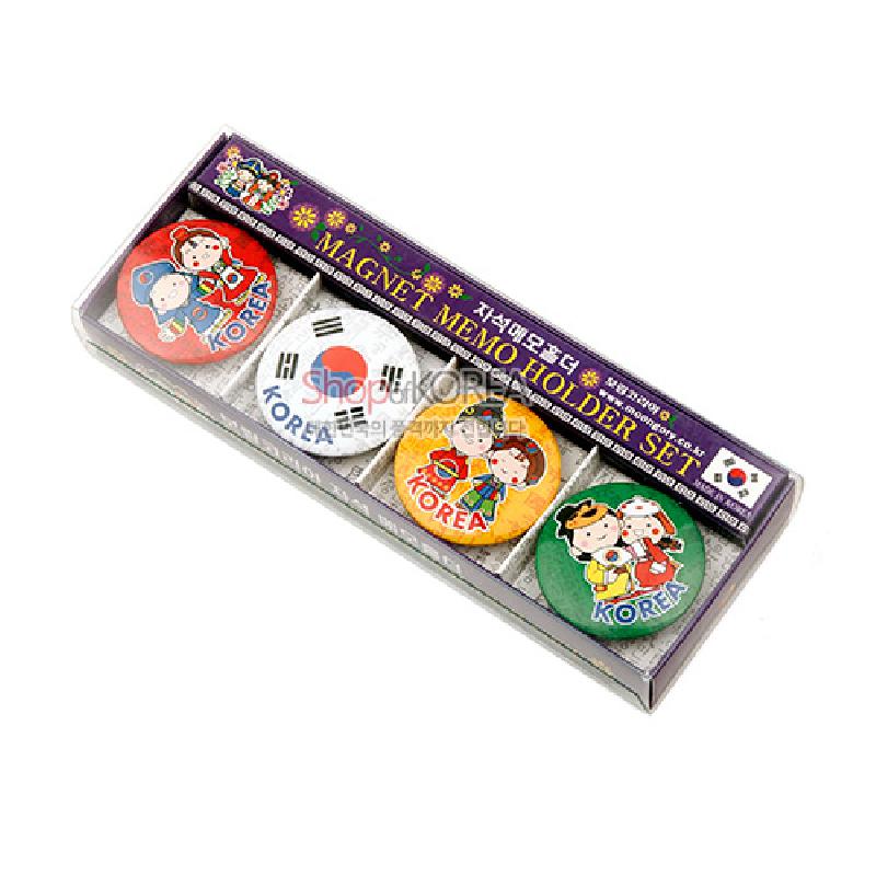 자석 부착 금속 원형 메모홀더 세트, 전통 한복 입은 캐릭터와 태극기 일러스트, 빨강·노랑·초록 등 원색 배경 디자인.