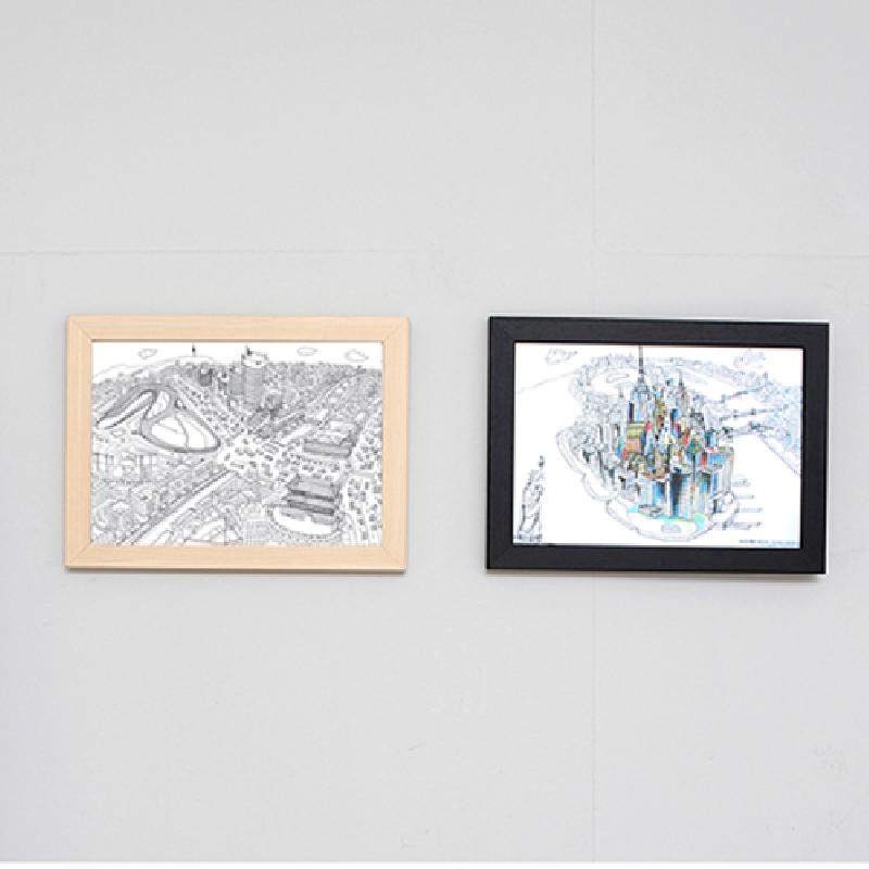 도시 전경과 랜드마크 건축물을 선으로 표현하고 일부에만 원색 포인트를 더한 컬러링 일러스트 페이퍼.