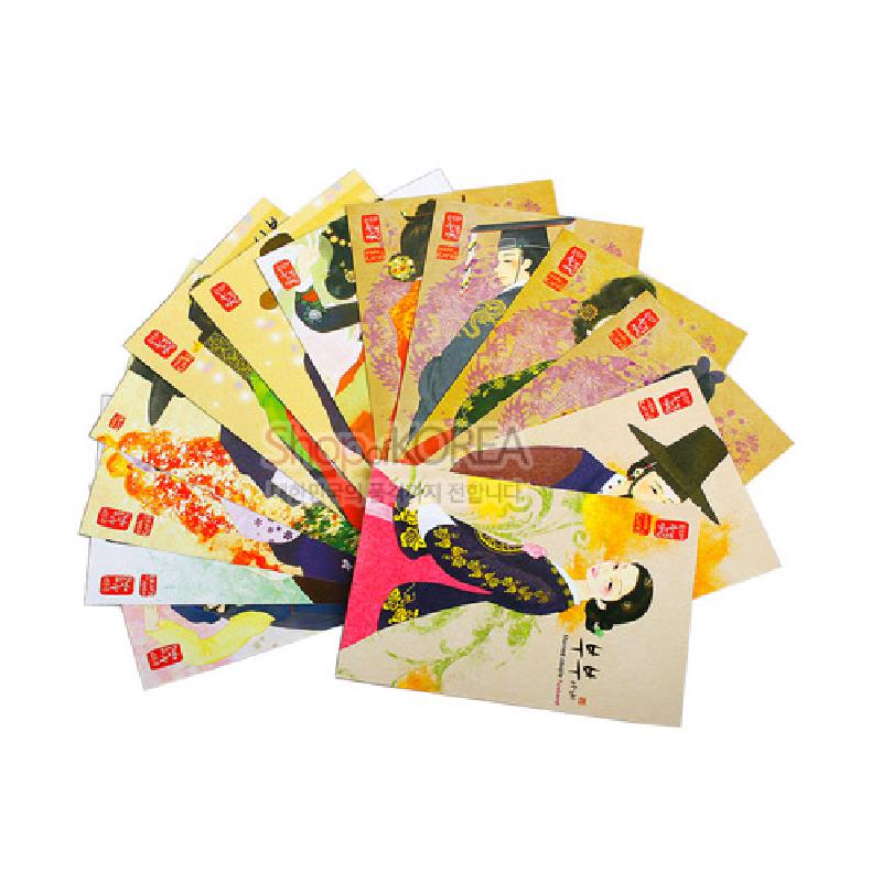 전통 의녀와 인물화를 현대적으로 표현한 일러스트, 다채로운 색채와 한글 서예가 어우러진 종이 엽서 세트.