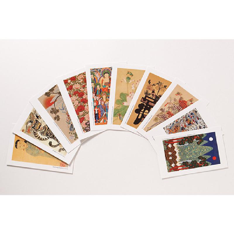 전통 민화 호작도와 불화, 문자도 등 다양한 도상이 인쇄된 컬러 엽서 세트.