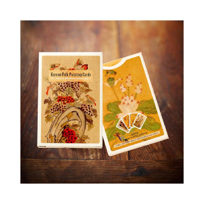 민화의 연꽃과 과실, 새 문양을 인쇄한 종이 재질의 트럼프카드 세트.