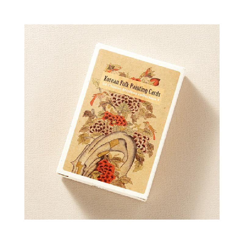 포도와 새 등 민화 문양이 인쇄된 종이 재질 트럼프 카드 세트 패키지.