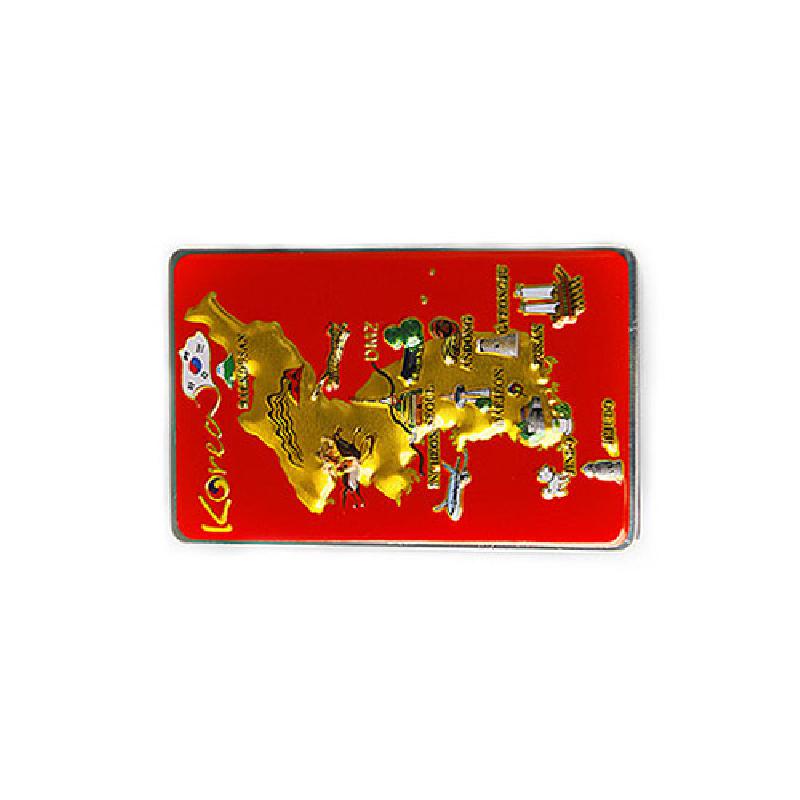 붉은 배경 위 금속 재질의 입체 대한민국 지도와 주요 관광지 아이콘 장식이 특징인 메모홀더. 붉은 배경 위 금속 재질의 입체 대한민국 지도와 주요 관광지 아이콘 장식이 특징인 메모홀더.