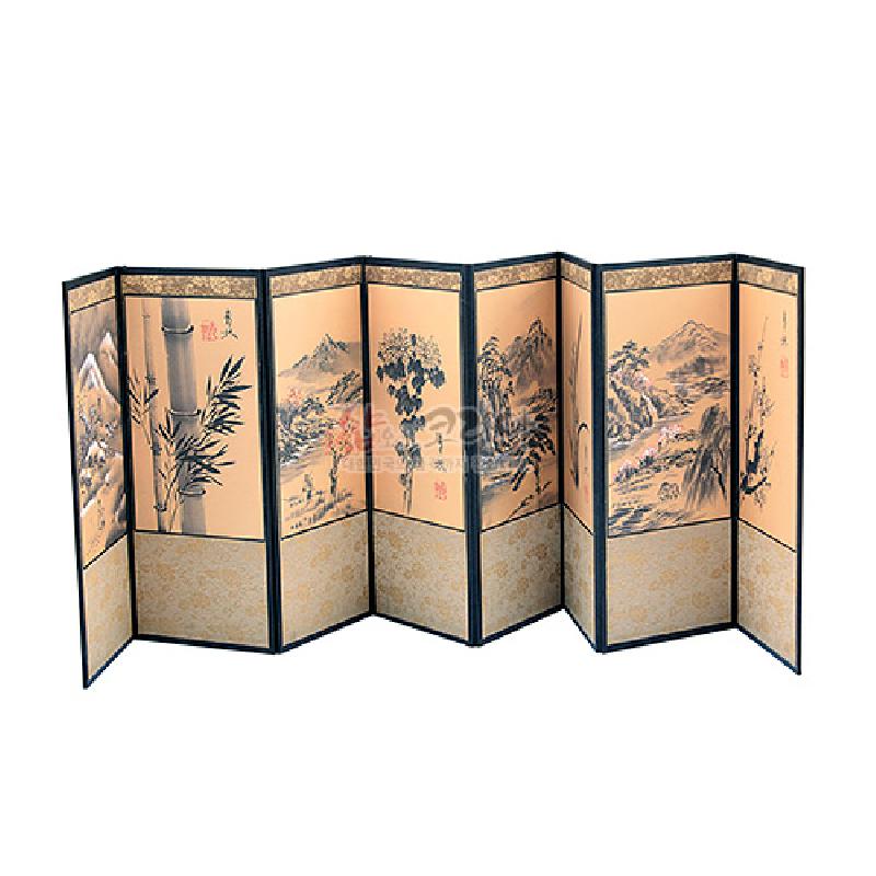 비단 재질의 8폭 병풍에 산수도와 매화·난초·국화·대나무 사군자를 담은 수묵화, 금색 연화문 하단 장식이 돋보이는 전통 병풍.