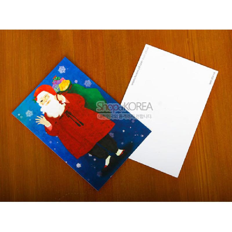 한복 차림 산타할아버지를 주제로 한 일러스트, 짙은 청색 눈송이 배경과 선명한 대비색이 특징인 엽서.