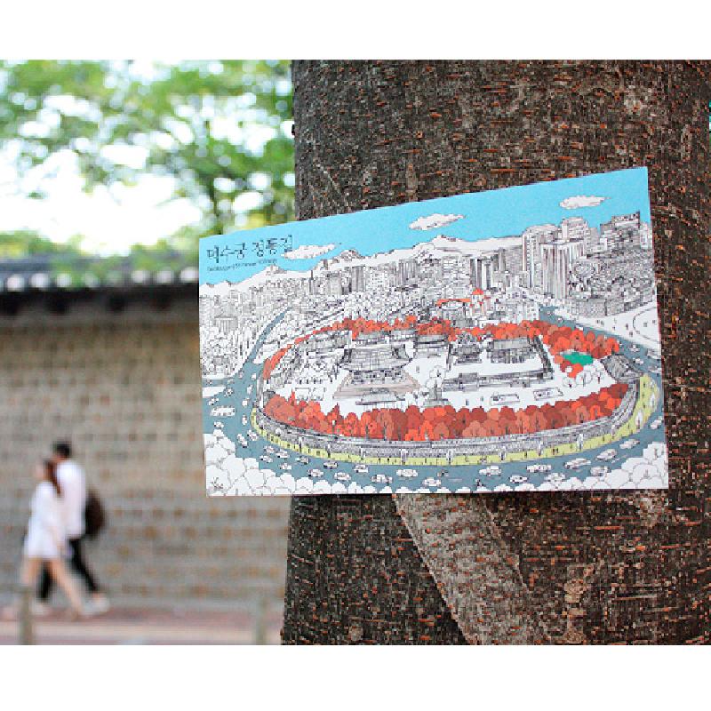 서울 도심과 덕수궁 일대를 선으로 묘사하고 파란 하늘과 붉은 가로수로 채색한 일러스트 엽서 세트 서울 도심과 덕수궁 일대를 선으로 묘사하고 파란 하늘과 붉은 가로수로 채색한 일러스트 엽서 세트