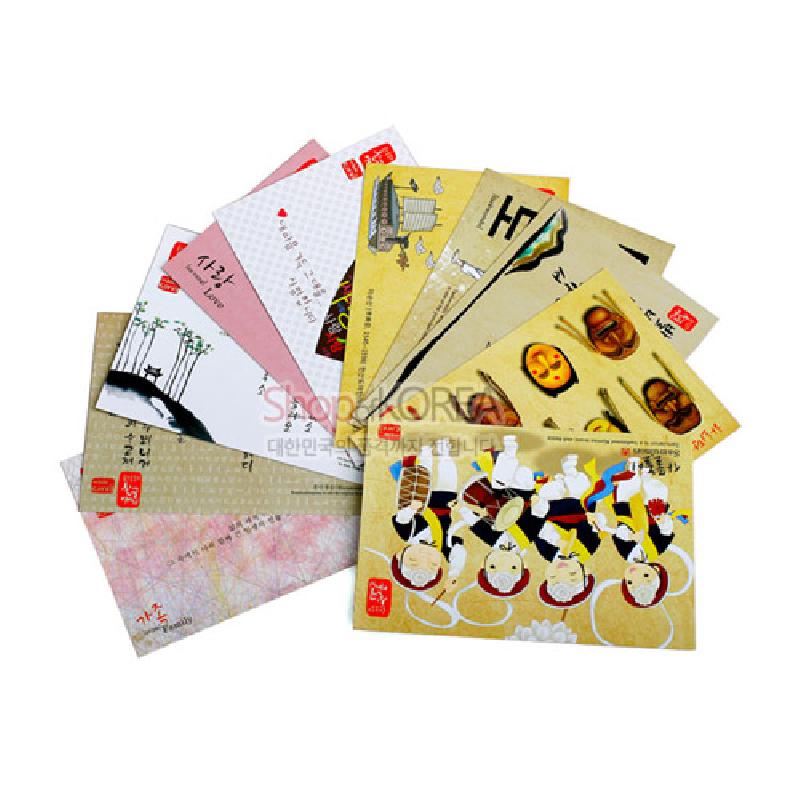 전통 탈, 사물놀이, 한옥 등 한국 문화 일러스트와 한글 서체가 인쇄된 다채로운 색상의 종이 엽서 세트.