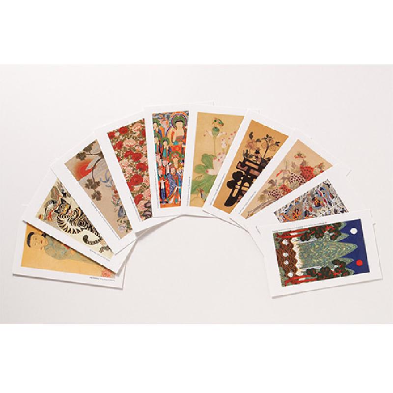 민화 일월오봉도와 호랑이·불화 등 다양한 전통 문양을 선명한 채색으로 인쇄한 종이 엽서 세트.