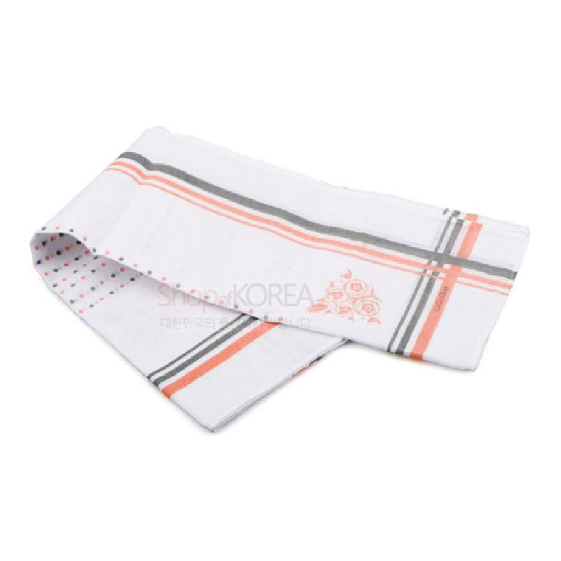 흰색 한지 소재에 주황·회색 줄무늬와 도트무늬, 꽃 문양 장식이 어우러진 손수건.