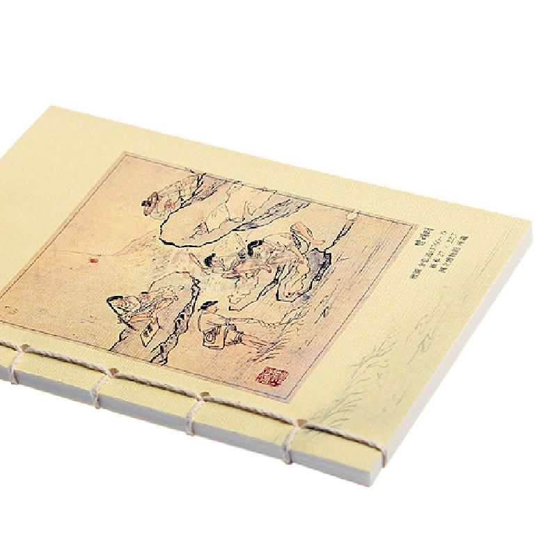 전통 한지 표지에 세필 산수화와 인물 풍속화가 인쇄된 황색 계열 중철 제본 노트.