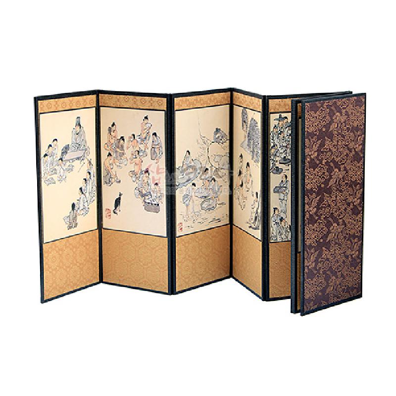 전통 인물풍속화를 인쇄한 실크 면과 금색 단청 패턴 하단, 짙은 갈색 꽃무늬 문양 배면이 조화된 8폭 병풍.