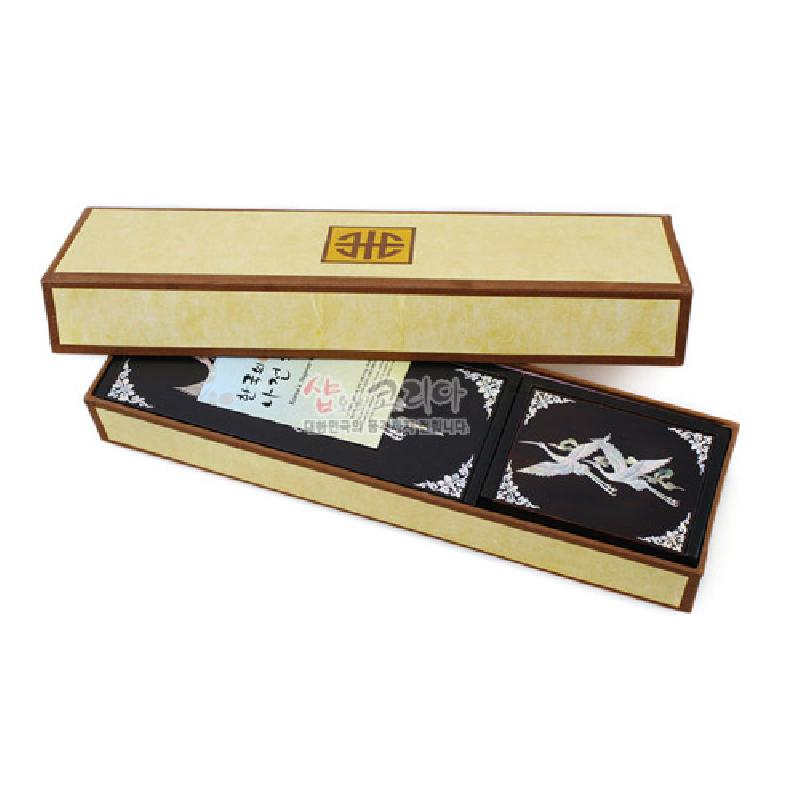 검은 옻칠 바탕 위 자개 상감 운학 문양이 장식된 직사각형 자동함 세트, 전통 문양 테두리 장식 특징.