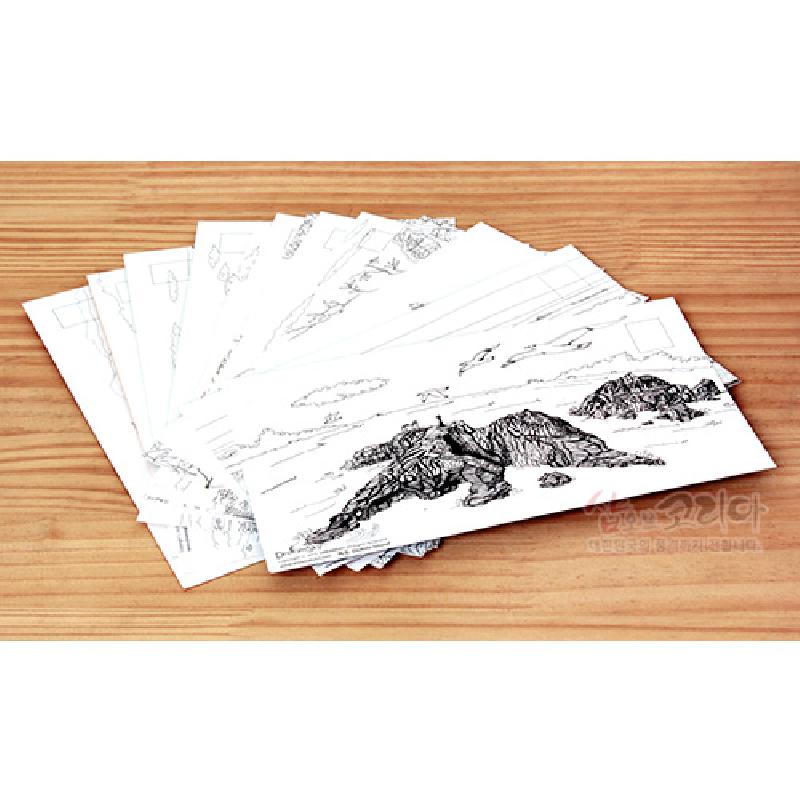 흰 종이 재질 위에 흑백 펜선으로 그린 대한민국 풍경 스케치 문양이 인쇄된 엽서 세트.