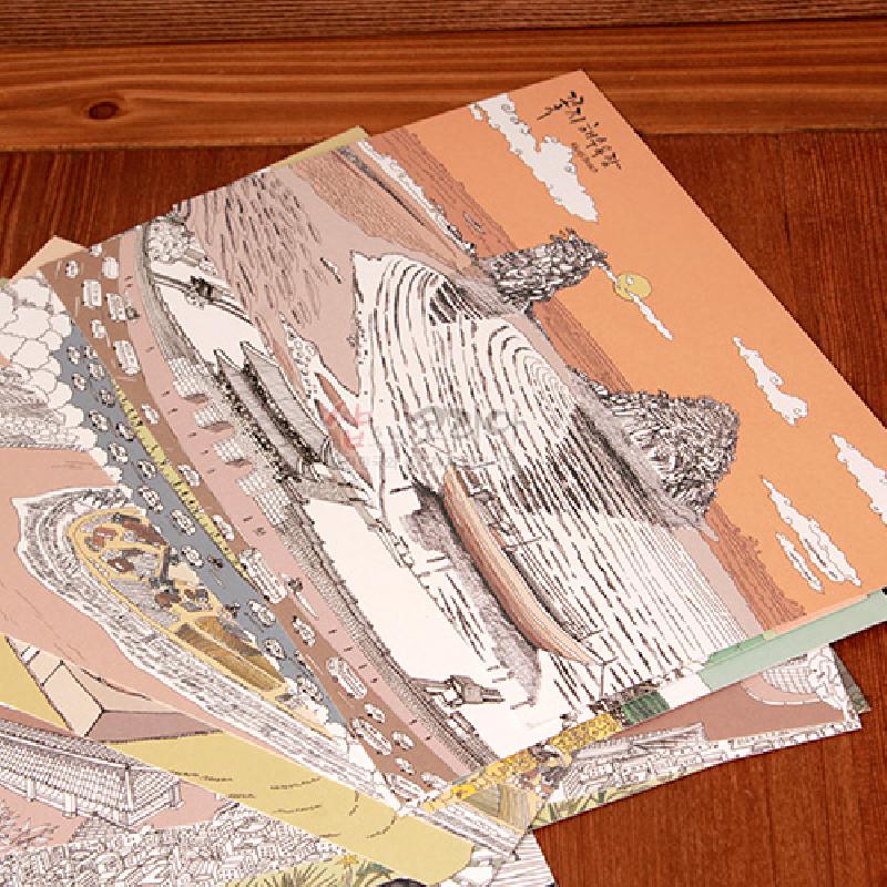 은은한 파스텔톤 색감과 세밀한 펜선 드로잉으로 한국 여행 풍경을 묘사한 일러스트 엽서 세트.