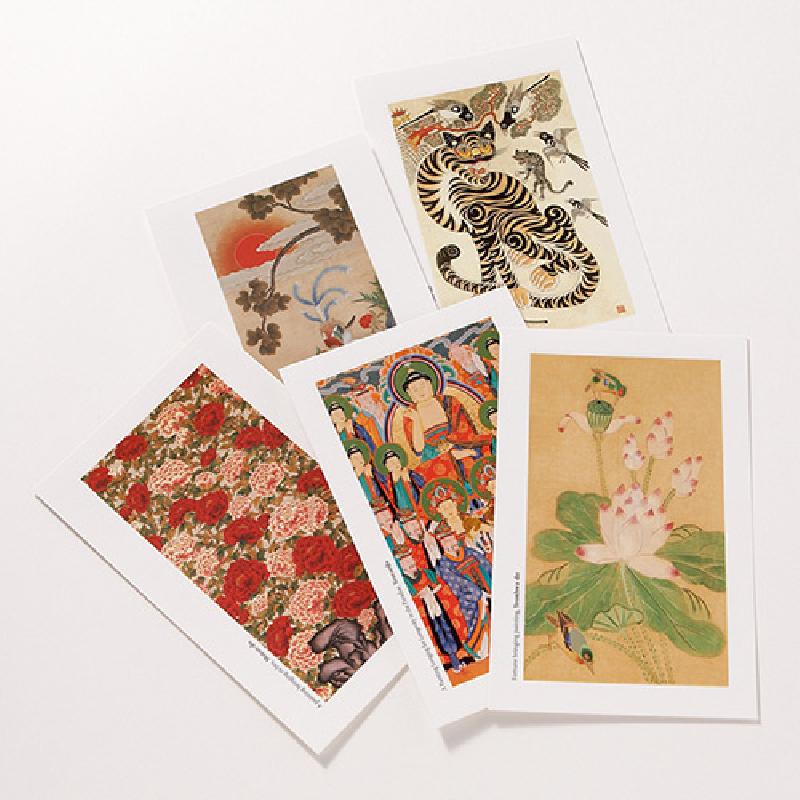 바리공주 설화를 모티프로 한 민화풍 채색 그림, 호랑이·연꽃·불화 등 전통 문양과 선명한 원색 대비가 특징인 종이 엽서 세트. 바리공주 설화를 모티프로 한 민화풍 채색 그림, 호랑이·연꽃·불화 등 전통 문양과 선명한 원색 대비가 특징인 종이 엽서 세트.