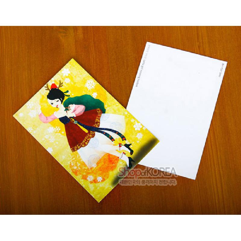 노란 바탕에 한복입은 산타 소녀와 눈꽃 문양을 화려한 색채로 표현한 일러스트 엽서. 노란 바탕에 한복입은 산타 소녀와 눈꽃 문양을 화려한 색채로 표현한 일러스트 엽서.