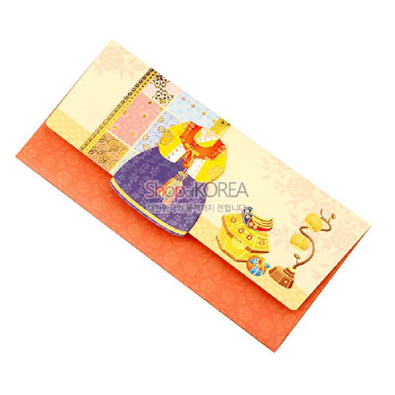 색동 한복 저고리와 장독, 매화 장식을 일러스트한 종이 재질의 전통 문양 돈 봉투.