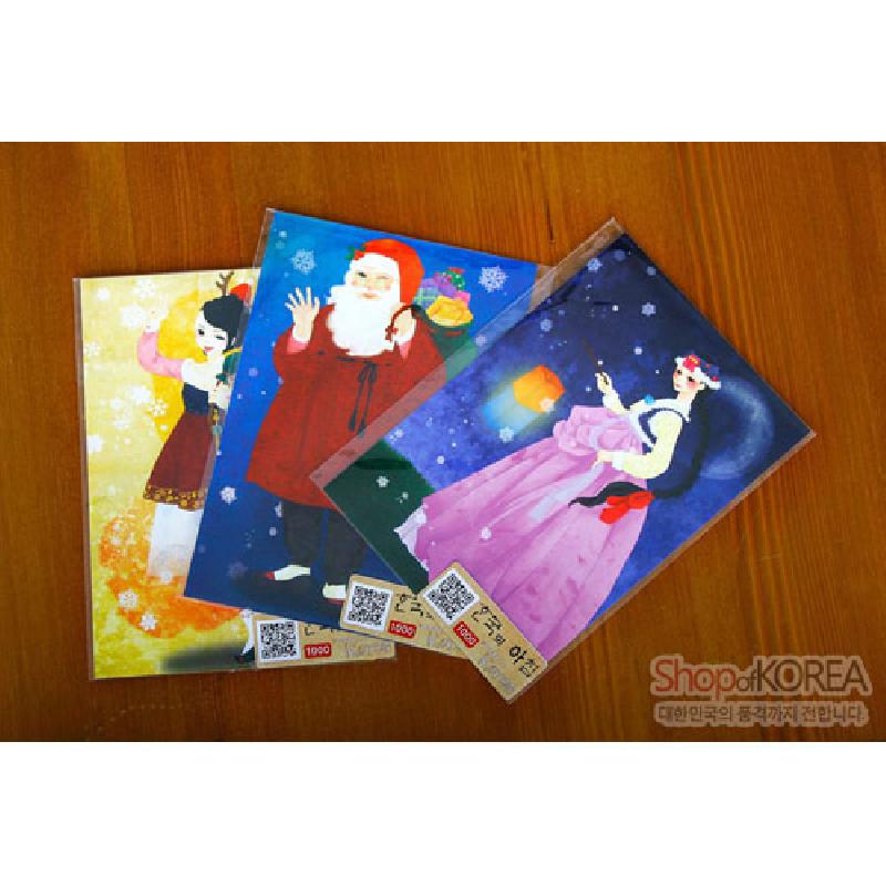 한복을 입은 인물과 산타를 소재로 한 일러스트, 눈송이와 램프 문양이 있는 컬러 인쇄 엽서 세트. 한복을 입은 인물과 산타를 소재로 한 일러스트, 눈송이와 램프 문양이 있는 컬러 인쇄 엽서 세트.