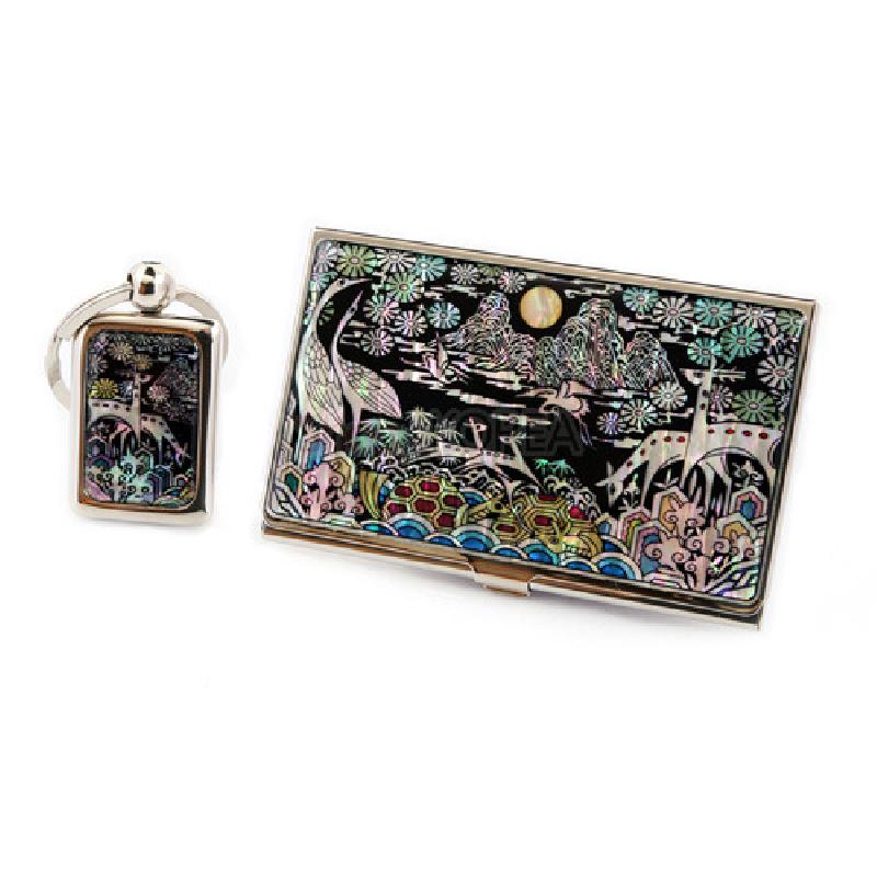 십장생꽃무늬 2종세트, 학·사슴·거북·산·달 십장생 자개 문양의 명함집과 열쇠고리