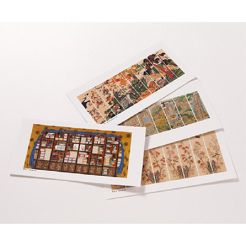 십장생도와 책가도 등 전통 민화 문양을 인쇄한 직사각형 종이 엽서 세트.