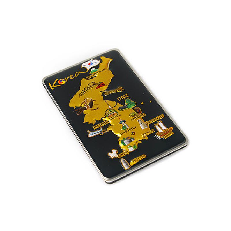 검은 바탕에 금색 대한민국 지도와 다채로운 관광 아이콘이 인쇄된 금속 재질 메모홀더.