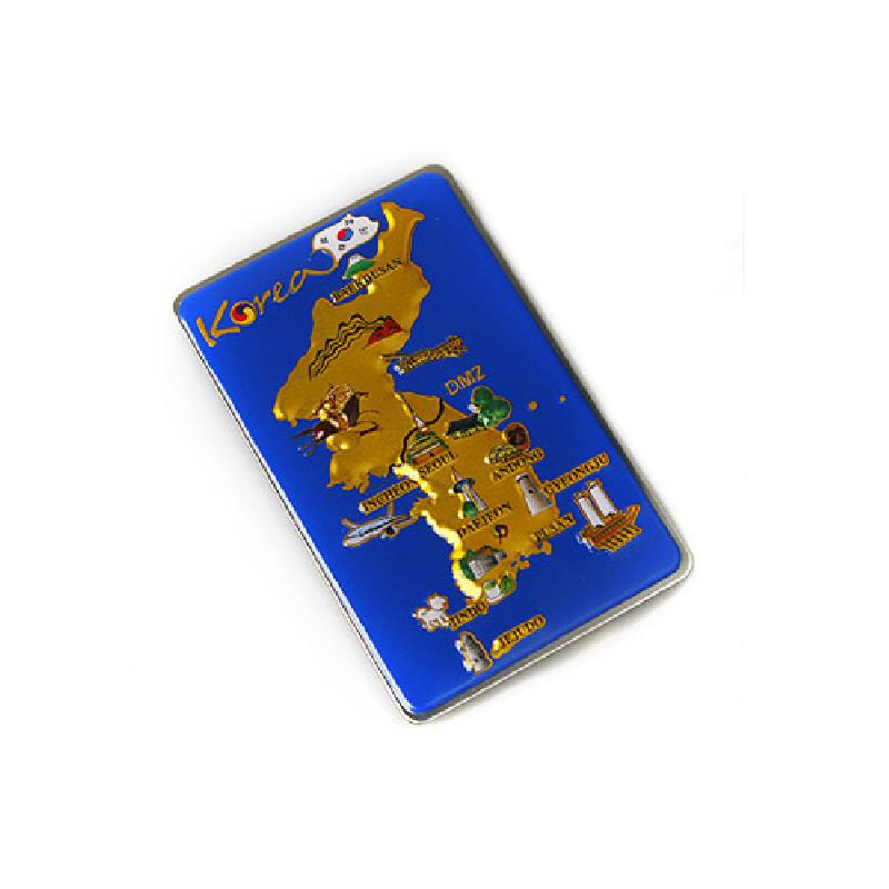 푸른 에나멜 바탕 위 금색 대한민국 지도와 주요 관광지 일러스트가 장식된 금속 메모홀더. 푸른 에나멜 바탕 위 금색 대한민국 지도와 주요 관광지 일러스트가 장식된 금속 메모홀더.