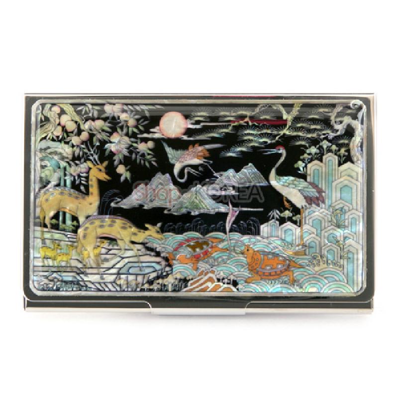 신십장생 나전칠기 명함집, 학·사슴·거북·소나무·산·달 등 십장생 문양을 자개로 표현