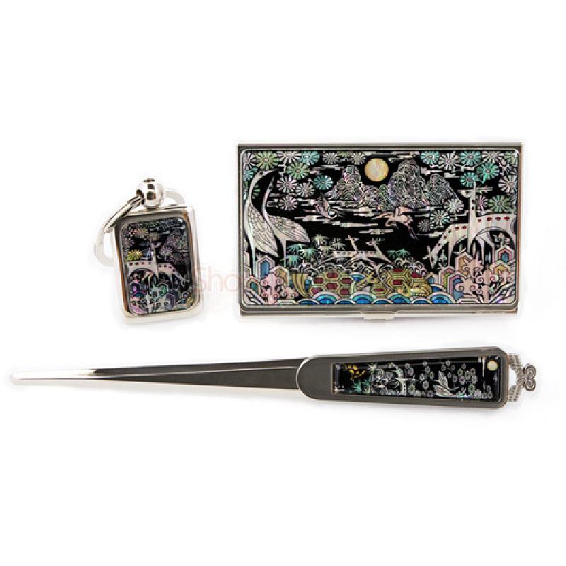 십장생꽃무늬 3종세트, 명함집·열쇠고리·서찰칼에 학·사슴·거북·꽃 자개 장식