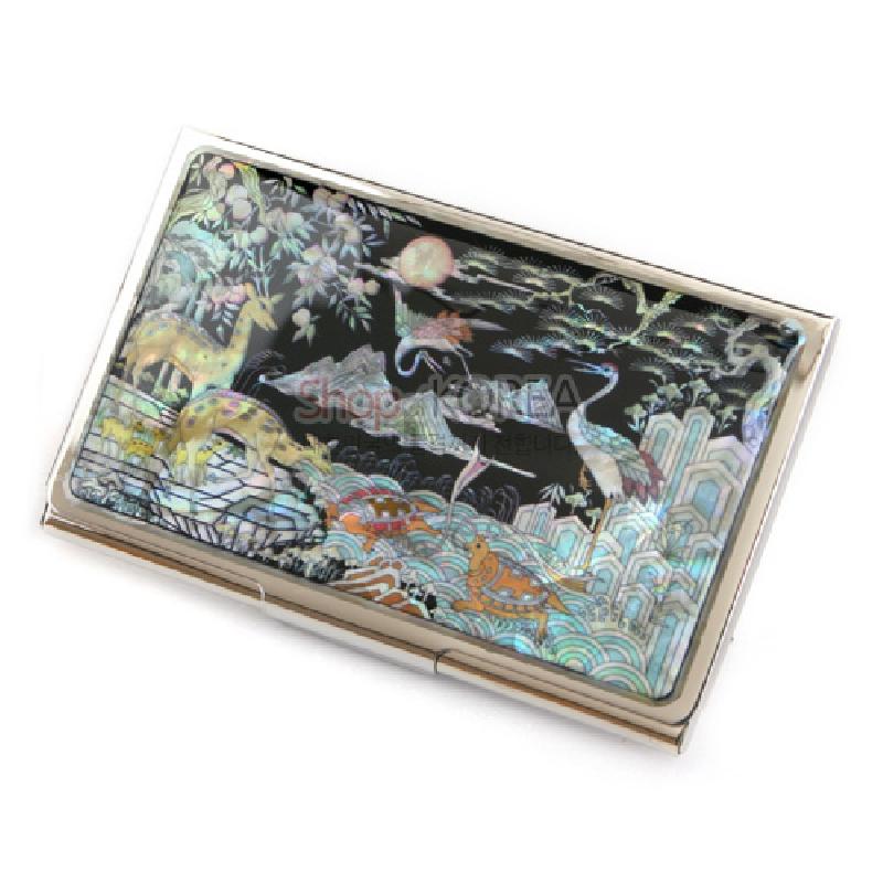 신십장생 명함집 측면, 파도와 산, 학과 사슴이 어우러진 전통 십장생 자개 장식