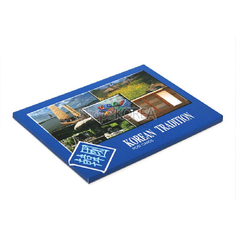 푸른색 배경에 한국 전통 건축과 자연 풍경, 나비·꽃 이미지를 배치한 인쇄 엽서 세트.