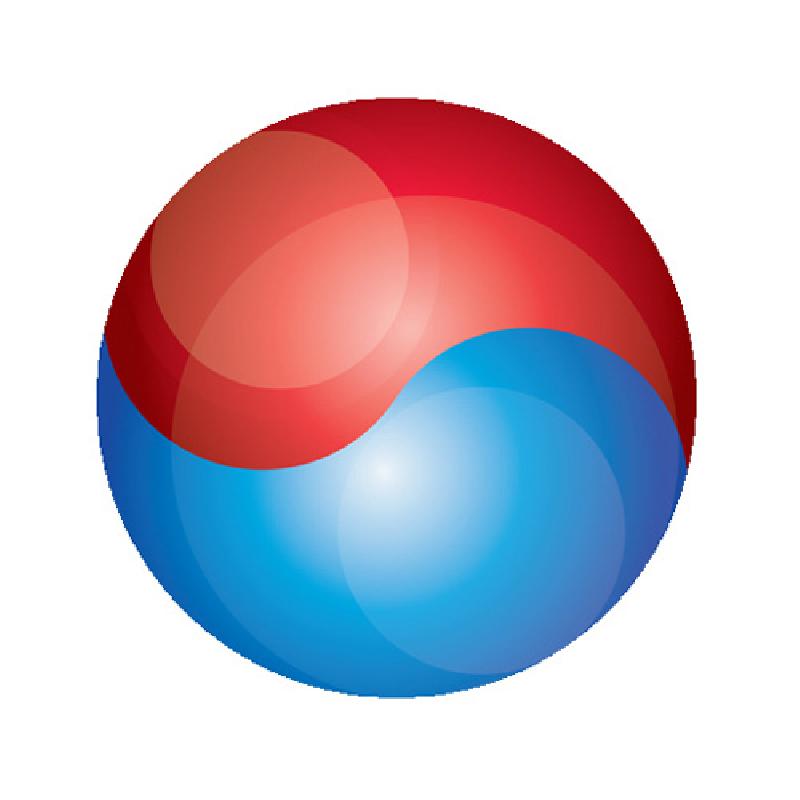 적색과 청색이 반원 형태로 어우러진 태극 문양, 입체감 있는 그라데이션 색채 표현의 원형 버튼.