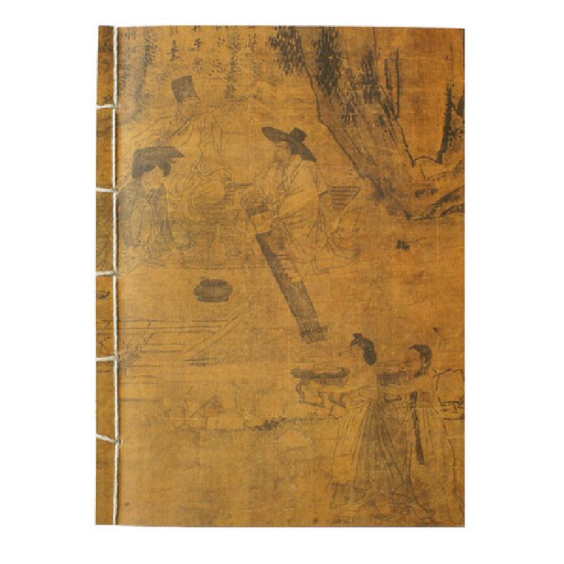 한지 재질에 전통 선비 풍속화 인쇄, 황갈색 배경과 먹선 그림, 노출 제본 실매기 바인딩이 특징인 대형 노트.