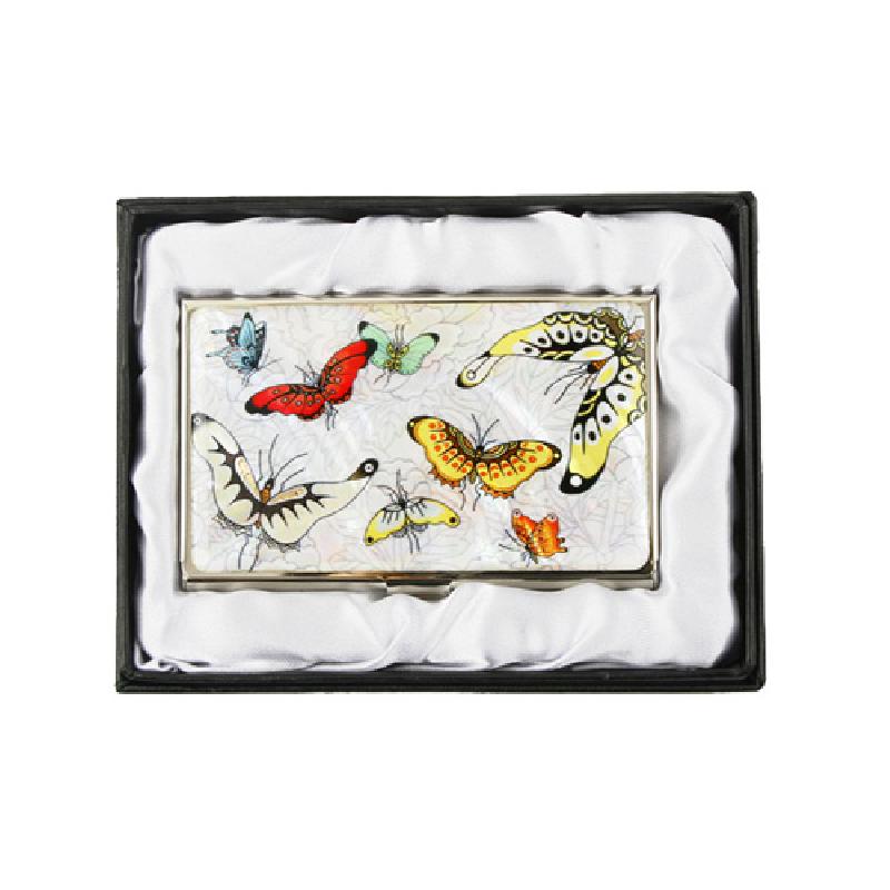 자개 느낌의 광택 바탕에 다채로운 색상의 나비 문양을 섬세하게 채색한 금속 명함집.