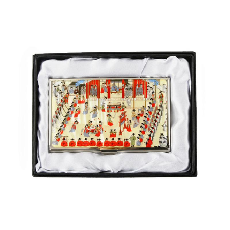 금속 재질 위에 다채로운 색채로 그린 부벽루 연회도 궁중행렬 문양 장식의 명함집.