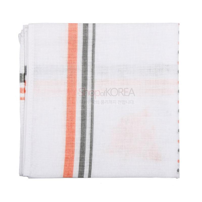 흰색 천 소재에 주황색·회색 세로 줄무늬와 가장자리 도트 무늬가 조화된 손수건.