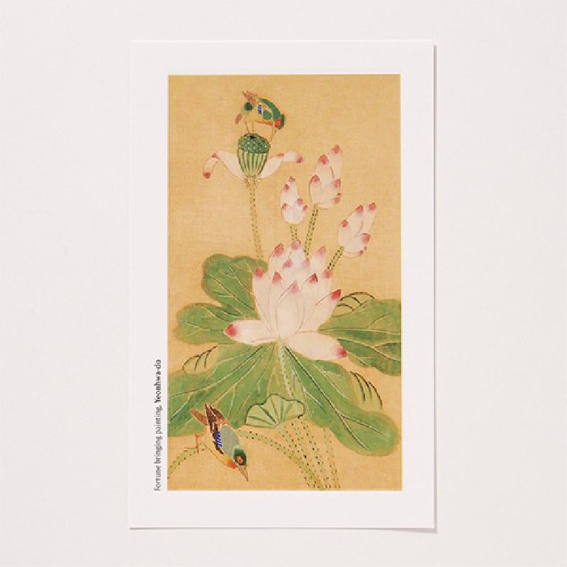 연분홍 연꽃과 녹색 연잎, 새를 담은 민화 연화도 인쇄의 엽서형 종이 카드.