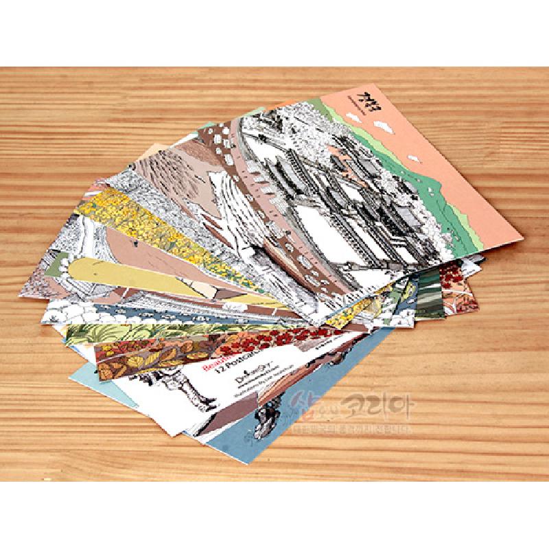 한국의 궁궐, 산수, 거리 풍경을 선으로 표현한 일러스트와 파스텔·소프트 톤 색채가 특징인 종이 엽서 12종 세트.