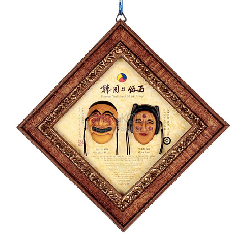 나무 재질의 마름모형 액자 속에 하회탈 양반과 부네 탈을 입체적으로 배치한 장식, 전통 문양 조각 테두리와 베이지 색 배경의 한글·영문 인쇄가 조화를 이룬 인테리어 소품.