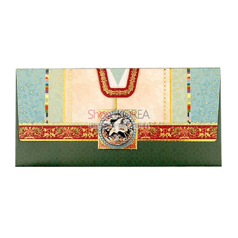 한복 저고리 형태를 본뜬 종이 재질의 돈봉투, 운학 원형 문양과 금색 꽃문양 띠, 청록·연분홍·적색 대비 색상이 특징인 디자인.