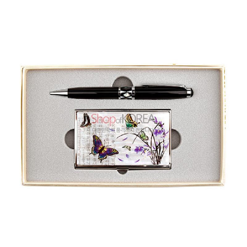 자개 상감으로 표현한 난초와 나비 문양의 금속 명함케이스와 흑색 금속 볼펜 세트.