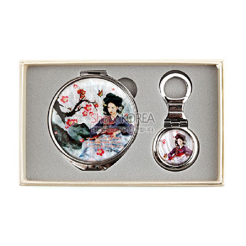 자개와 금속 재질에 옻칠 처리된 손거울 세트, 매화와 황진이 인물화를 담은 화려한 채색 문양이 특징인 디자인.