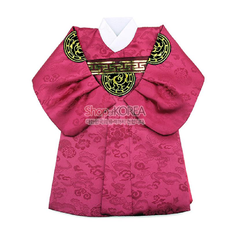 자주색 비단에 구름·꽃 무늬가 짜여진 왕복 형식의 와인 커버, 금사 자수 단추와 흑금색 전통 문양 장식.